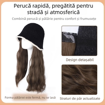 Perucă în pălărie de pescar cu păr lung buclat, tricotată pentru toamnă/iarnă, aspect natural, păr din fibre rezistente la temperaturi înalte, breton drept sau înclinat, nu se poate vopsește și nu se îndreaptă