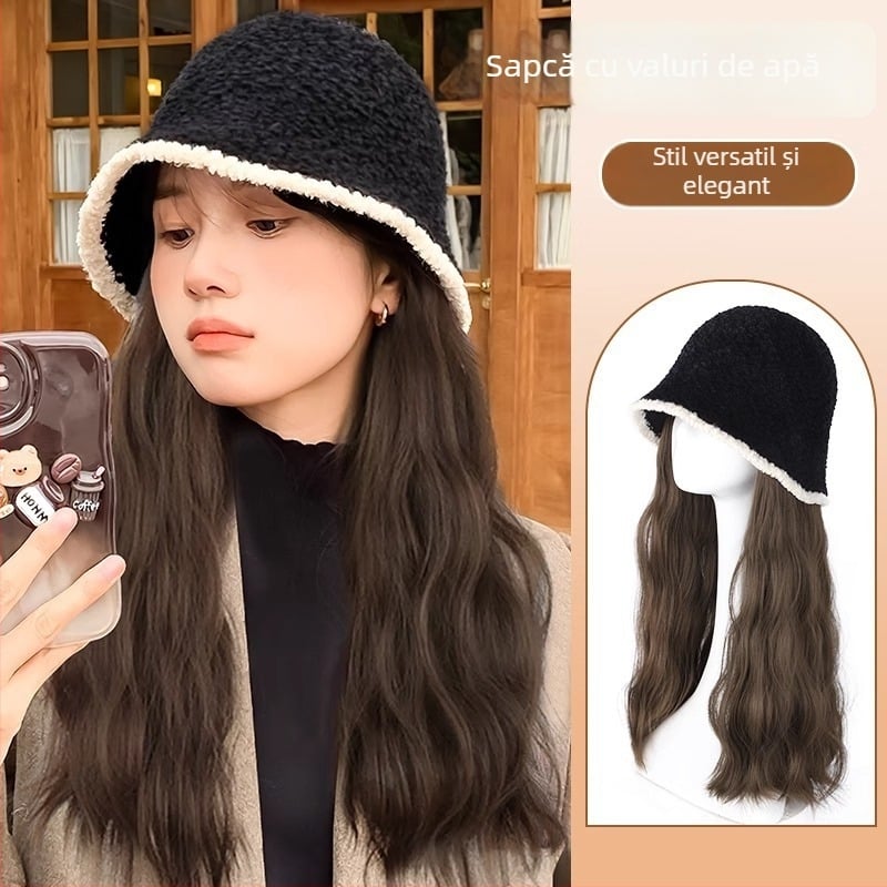 Perucă în pălărie de pescar cu păr lung buclat, tricotată pentru toamnă/iarnă, aspect natural, păr din fibre rezistente la temperaturi înalte, breton drept sau înclinat, nu se poate vopsește și nu se îndreaptă