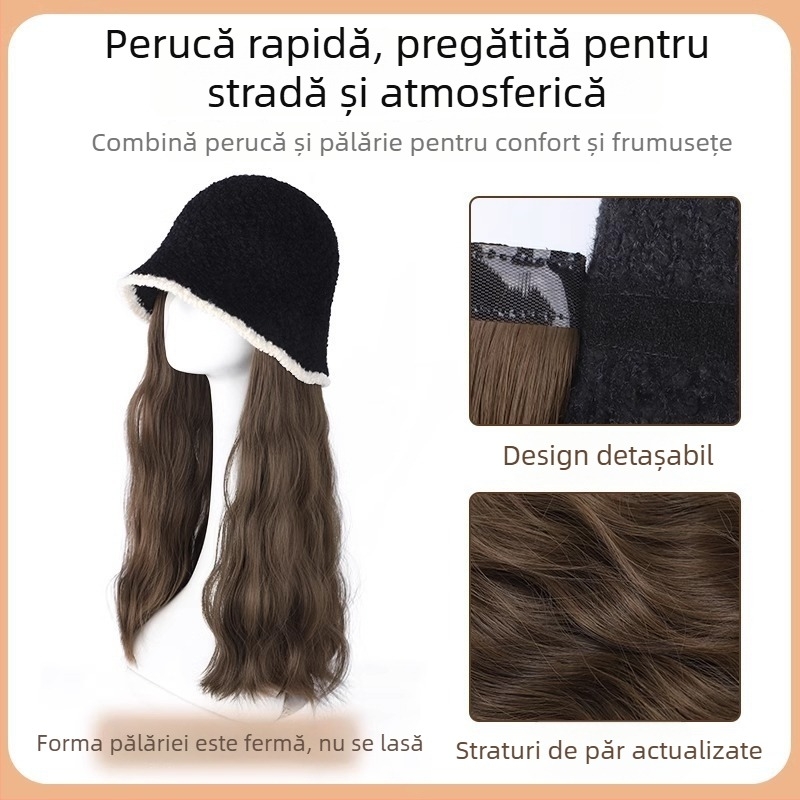 Perucă în pălărie de pescar cu păr lung buclat, tricotată pentru toamnă/iarnă, aspect natural, păr din fibre rezistente la temperaturi înalte, breton drept sau înclinat, nu se poate vopsește și nu se îndreaptă