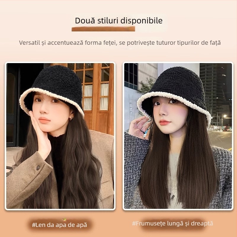 Perucă în pălărie de pescar cu păr lung buclat, tricotată pentru toamnă/iarnă, aspect natural, păr din fibre rezistente la temperaturi înalte, breton drept sau înclinat, nu se poate vopsește și nu se îndreaptă