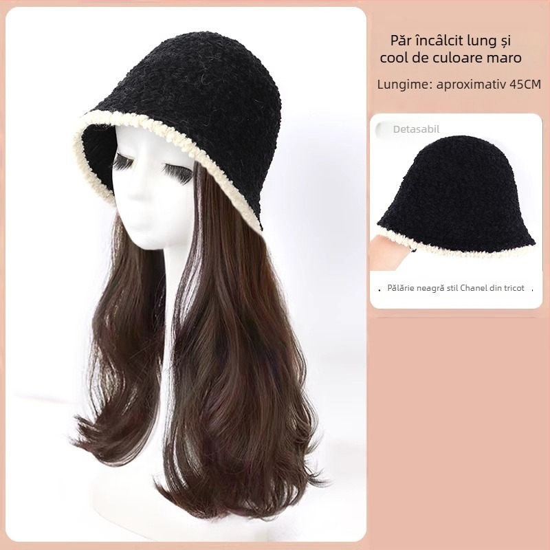 Perucă în pălărie de pescar cu păr lung buclat, tricotată pentru toamnă/iarnă, aspect natural, păr din fibre rezistente la temperaturi înalte, breton drept sau înclinat, nu se poate vopsește și nu se îndreaptă