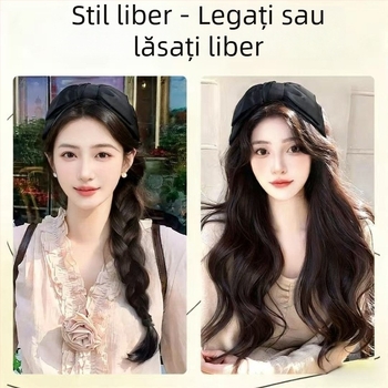 Perucă cu bandă pentru cap, păr lung, într-un singur ansamblu, design demontabil pe jumătate, păr mat-silky, breton drept sau înclinant