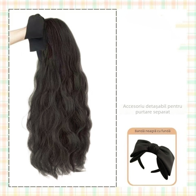 Perucă cu bandă pentru cap, păr lung, într-un singur ansamblu, design demontabil pe jumătate, păr mat-silky, breton drept sau înclinant