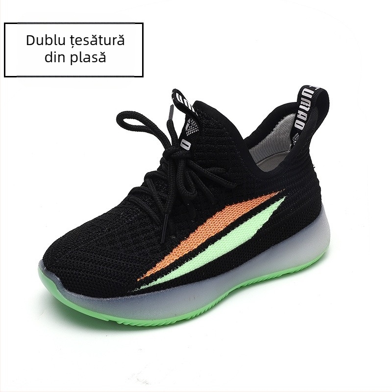 Pantofi Coconut pentru copii: partea superioară fly-knit, căptușeală din fleece, talpă din cauciuc, model cu dungi, potriviți pentru toamnă, iarnă și primăvară