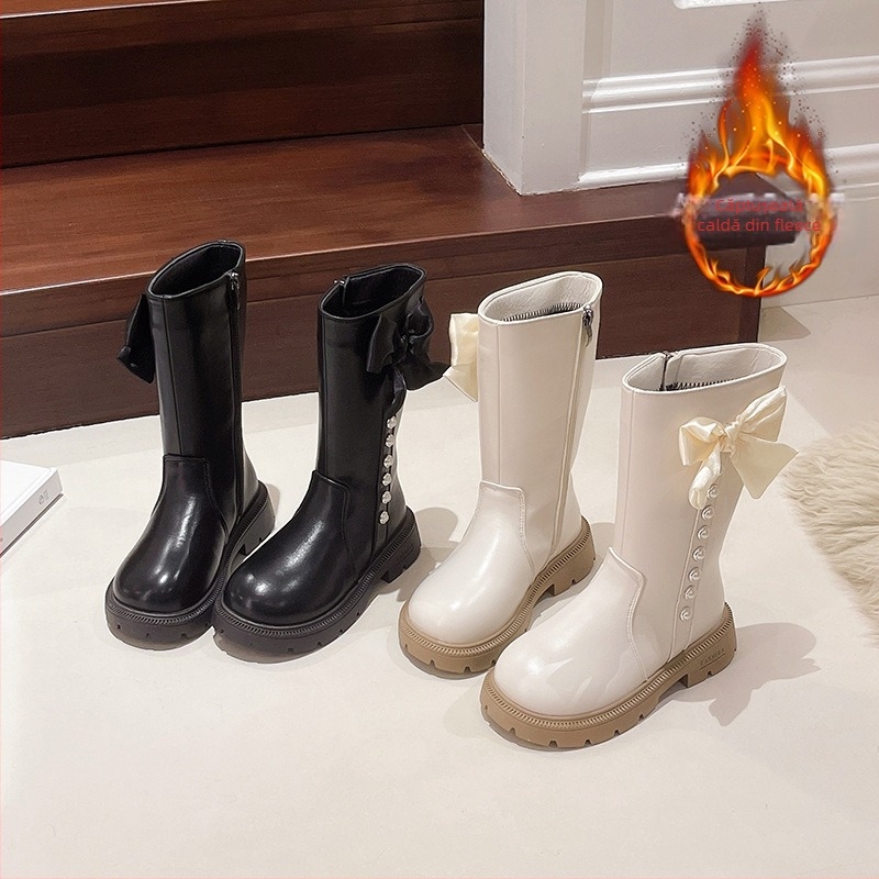 Cizme înalte pentru copii, toamnă-iarnă — exterior din piele sintetică; căptușeală din fleece; talpă din Cauciuc; fermoar lateral; talpă antiderapantă.