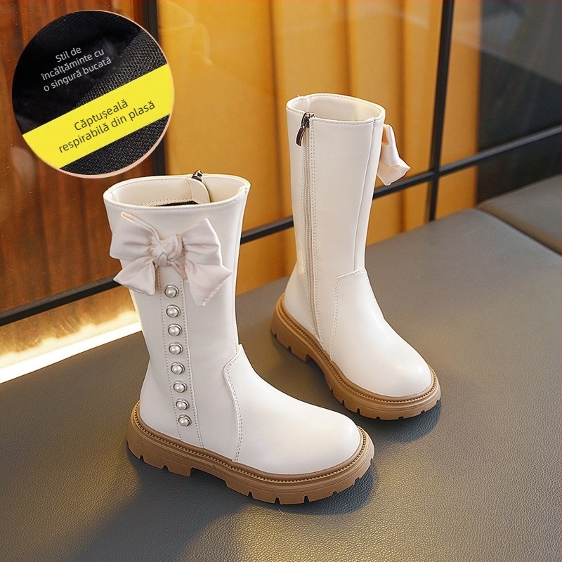 Cizme înalte pentru copii, toamnă-iarnă — exterior din piele sintetică; căptușeală din fleece; talpă din Cauciuc; fermoar lateral; talpă antiderapantă.