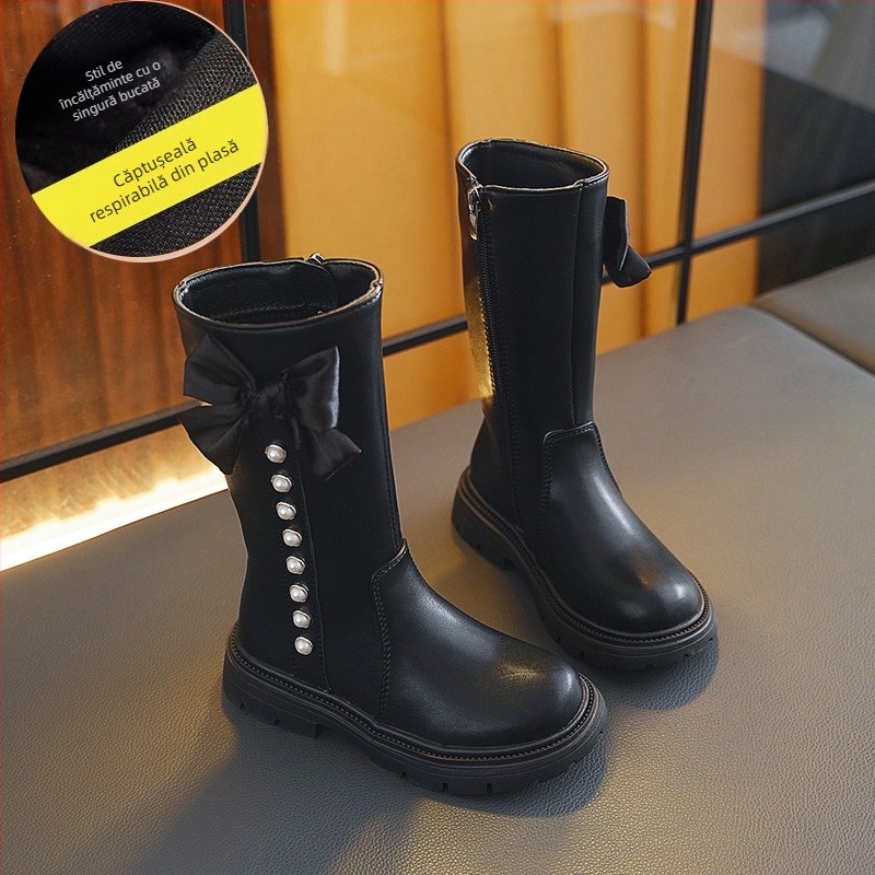 Cizme înalte pentru copii, toamnă-iarnă — exterior din piele sintetică; căptușeală din fleece; talpă din Cauciuc; fermoar lateral; talpă antiderapantă.