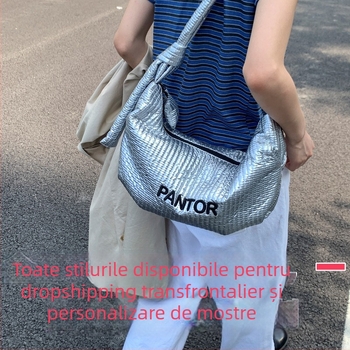 Geantă din pânză pentru femei, stil dumpling, fermoar, căptușeală din poliester, buzunar pentru telefon