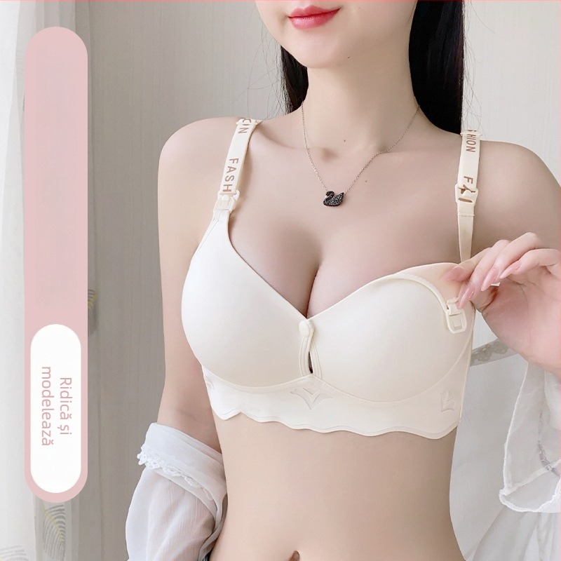 Sutien de alăptare fără cusături, cupe subțiri modelate, bretele fixe dublu, închidere cu trei rânduri de cârlige la spate, design lucios, țesătură principală: nylon; căptușeală: bumbac