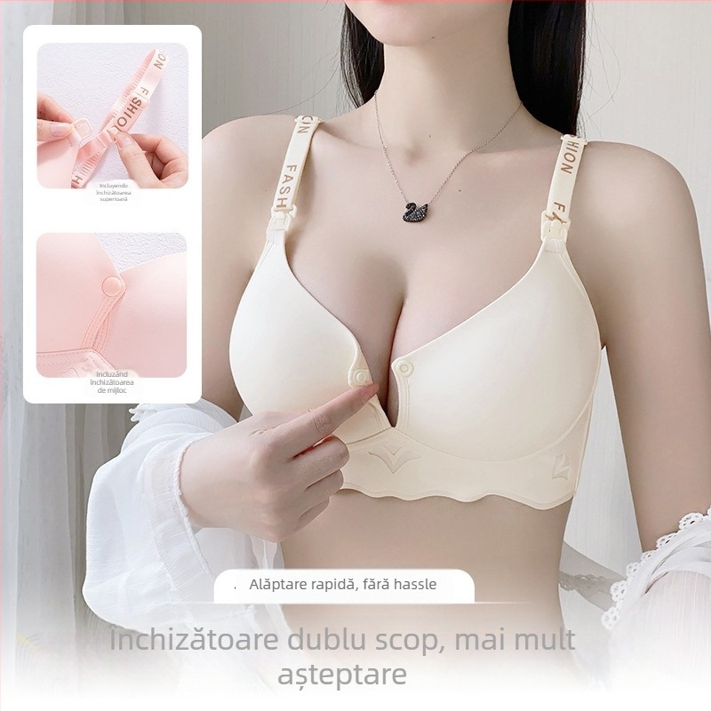 Sutien de alăptare fără cusături, cupe subțiri modelate, bretele fixe dublu, închidere cu trei rânduri de cârlige la spate, design lucios, țesătură principală: nylon; căptușeală: bumbac
