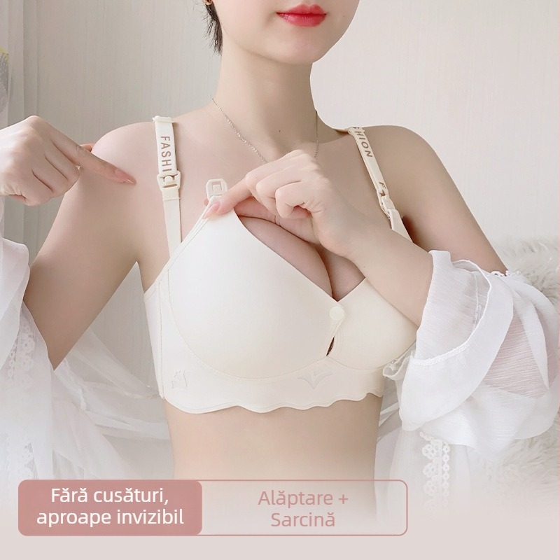 Sutien de alăptare fără cusături, cupe subțiri modelate, bretele fixe dublu, închidere cu trei rânduri de cârlige la spate, design lucios, țesătură principală: nylon; căptușeală: bumbac