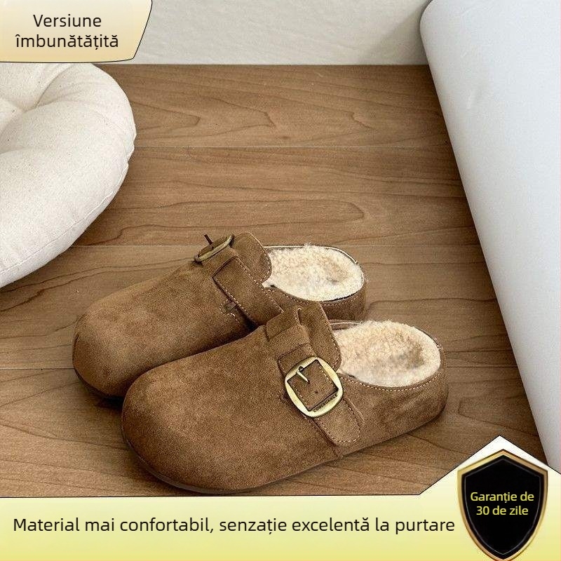 Papuci de copii cu talpă groasă în stil Birkenstock, partea superioară pufoasă, vârf închis, talpă din cauciuc, lansare iarnă 2024