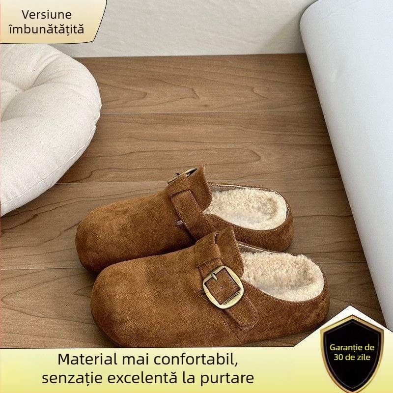 Papuci de copii cu talpă groasă în stil Birkenstock, partea superioară pufoasă, vârf închis, talpă din cauciuc, lansare iarnă 2024