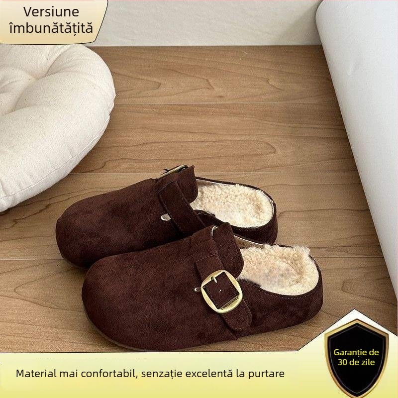 Papuci de copii cu talpă groasă în stil Birkenstock, partea superioară pufoasă, vârf închis, talpă din cauciuc, lansare iarnă 2024