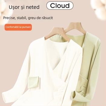 Set pijama maternitate pentru alăptat – gât în V, mâneci lungi cu volane, pantaloni lungi, poliester gros (90–95%)