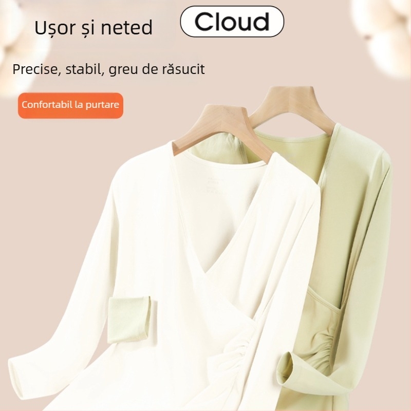 Set pijama maternitate pentru alăptat – gât în V, mâneci lungi cu volane, pantaloni lungi, poliester gros (90–95%)