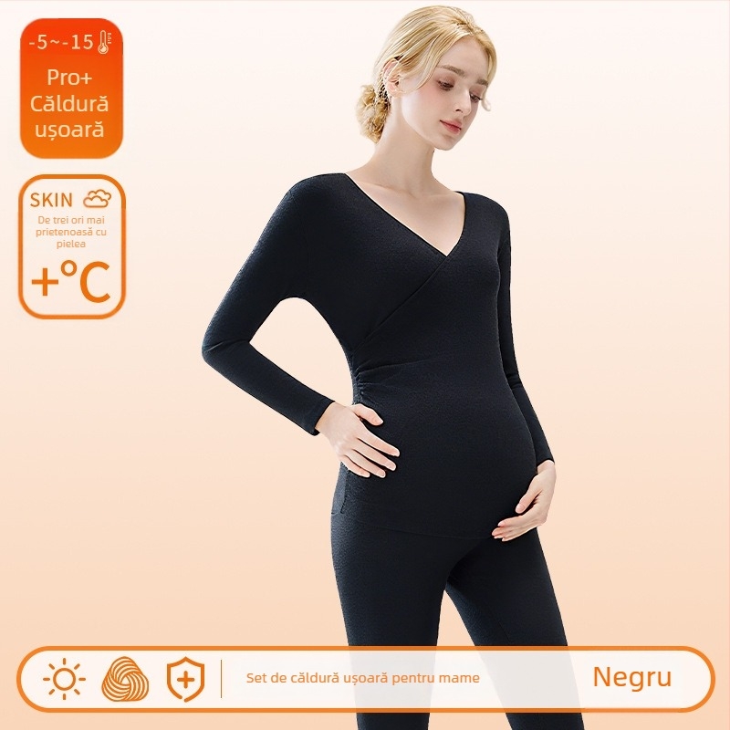 Set pijama maternitate pentru alăptat – gât în V, mâneci lungi cu volane, pantaloni lungi, poliester gros (90–95%)