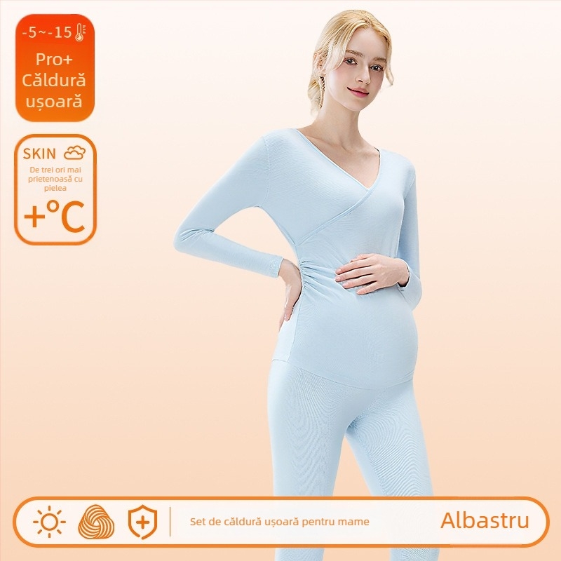 Set pijama maternitate pentru alăptat – gât în V, mâneci lungi cu volane, pantaloni lungi, poliester gros (90–95%)