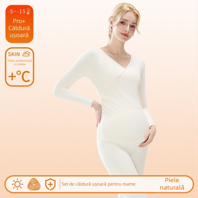 Set pijama maternitate pentru alăptat – gât în V, mâneci lungi cu volane, pantaloni lungi, poliester gros (90–95%)