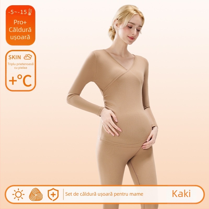 Set pijama maternitate pentru alăptat – gât în V, mâneci lungi cu volane, pantaloni lungi, poliester gros (90–95%)