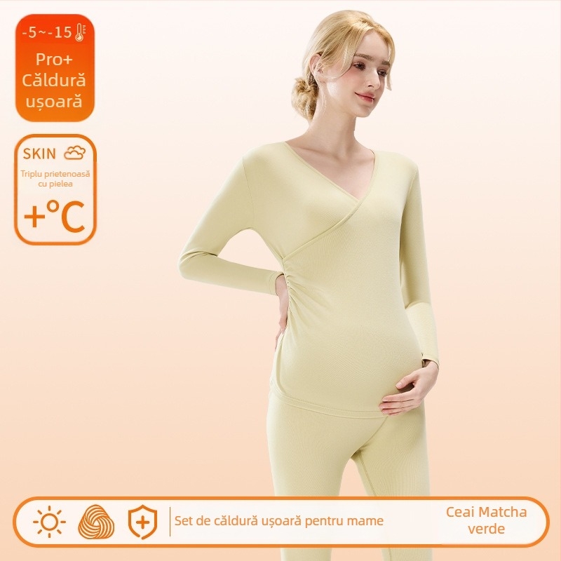 Set pijama maternitate pentru alăptat – gât în V, mâneci lungi cu volane, pantaloni lungi, poliester gros (90–95%)