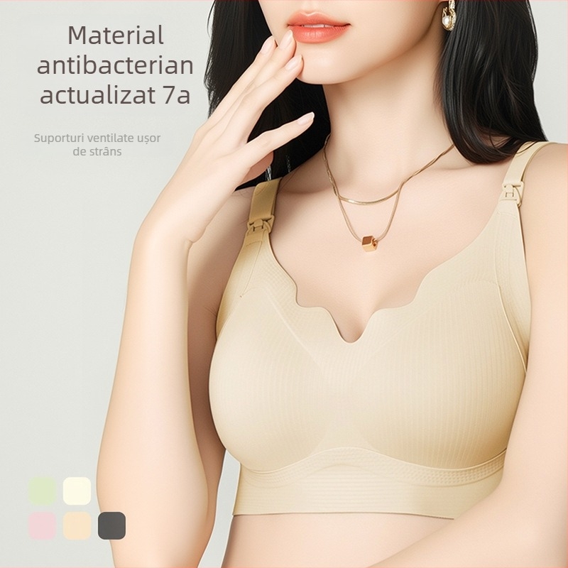 Sutien de alăptare pentru mamă, cu închidere frontală și cupe fixe, material nailon, fără inel de oțel, cupe modelate subțiri