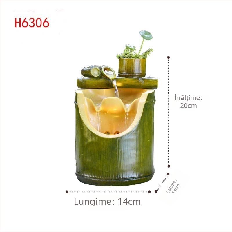 Roata Feng Shui a bogăției cu bambus — ornament fântână de apă din rășină, imprimare Inkjet, vopsit și lustruit, pentru birou sau spațiu de lucru