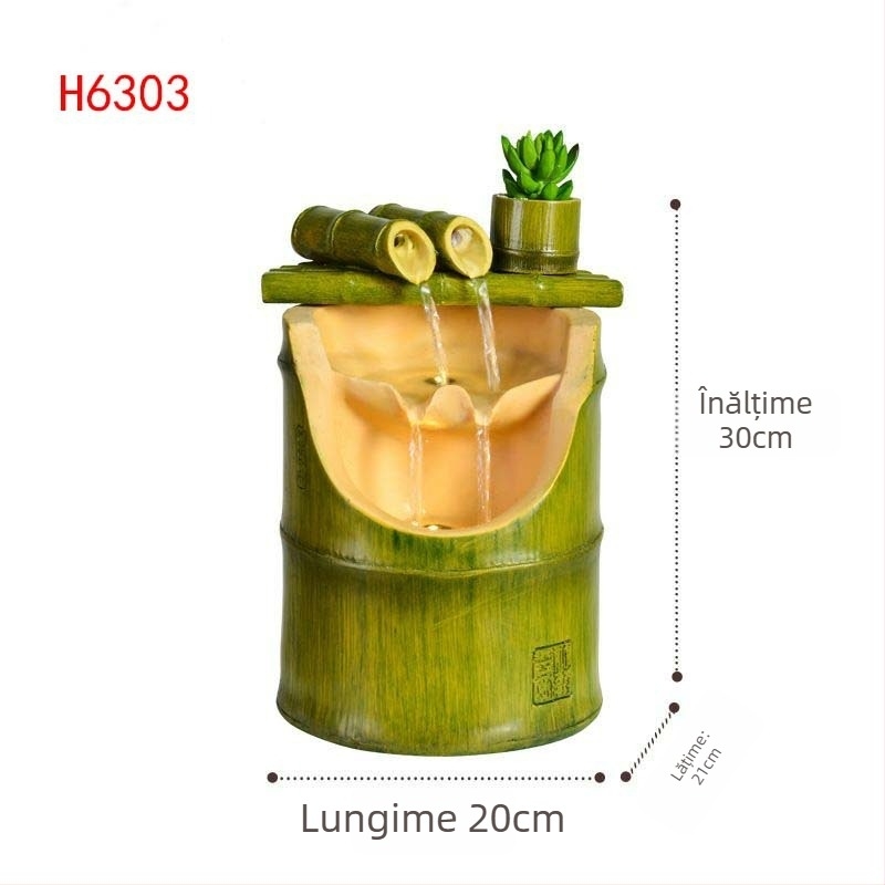 Roata Feng Shui a bogăției cu bambus — ornament fântână de apă din rășină, imprimare Inkjet, vopsit și lustruit, pentru birou sau spațiu de lucru