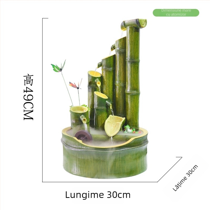 Roata Feng Shui a bogăției cu bambus — ornament fântână de apă din rășină, imprimare Inkjet, vopsit și lustruit, pentru birou sau spațiu de lucru