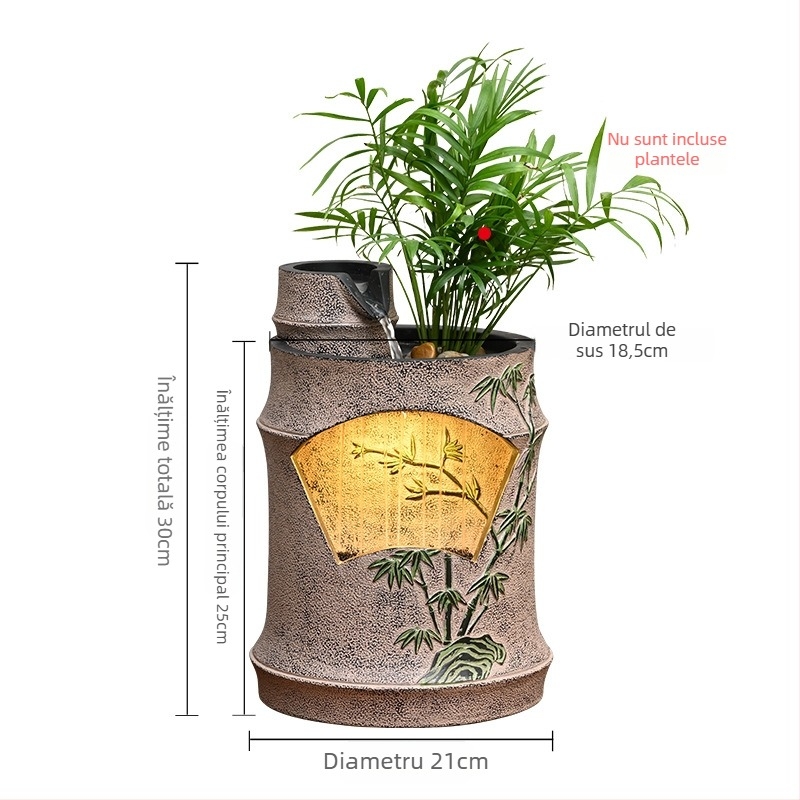 Roata Feng Shui a bogăției cu bambus — ornament fântână de apă din rășină, imprimare Inkjet, vopsit și lustruit, pentru birou sau spațiu de lucru