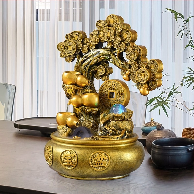 Copacul norocului – ornament pentru birou cu apă în circulație, Feng Shui, rășină sintetică, suprafață vopsită, meșteșug: pictură, gravură, sculptură