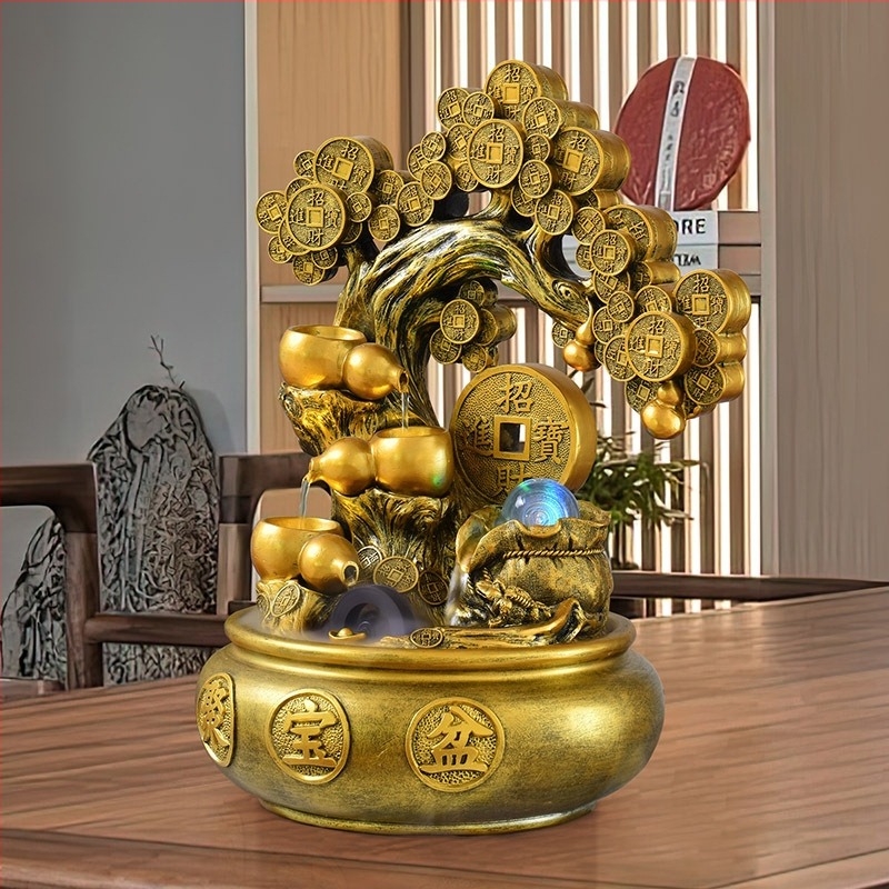 Copacul norocului – ornament pentru birou cu apă în circulație, Feng Shui, rășină sintetică, suprafață vopsită, meșteșug: pictură, gravură, sculptură
