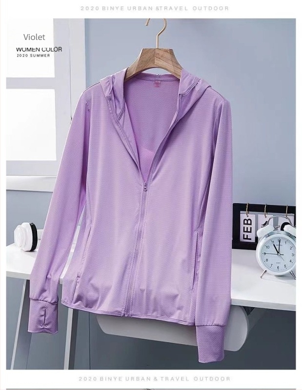 Jachetă pentru femei cu protecție UV UPF50+, respirabilă, uscare rapidă, cu glugă, țesătură Ice Silk, material principal Lycra (Spandex)