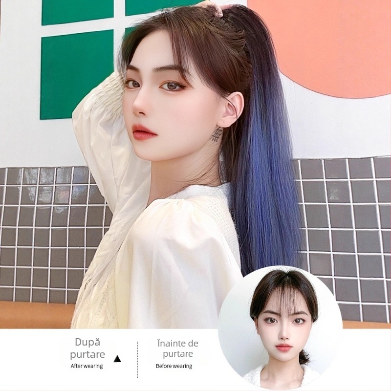 Perucă cu coadă pentru femei, păr lung și drept, fibre rezistente la temperaturi înalte, mecanism de prindere, poate fi vopsită și periată
