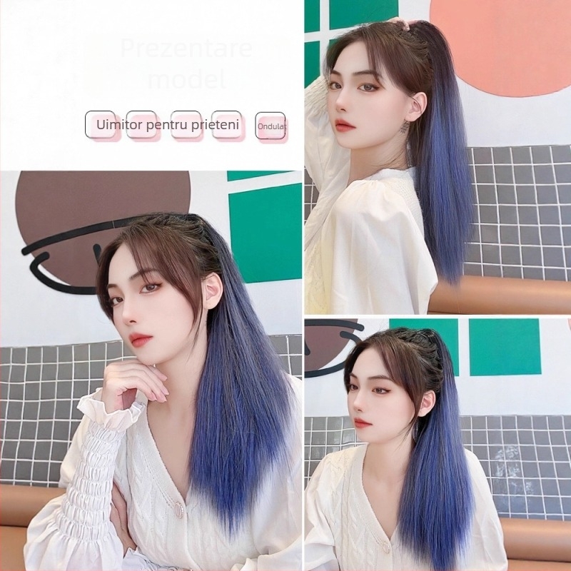 Perucă cu coadă pentru femei, păr lung și drept, fibre rezistente la temperaturi înalte, mecanism de prindere, poate fi vopsită și periată