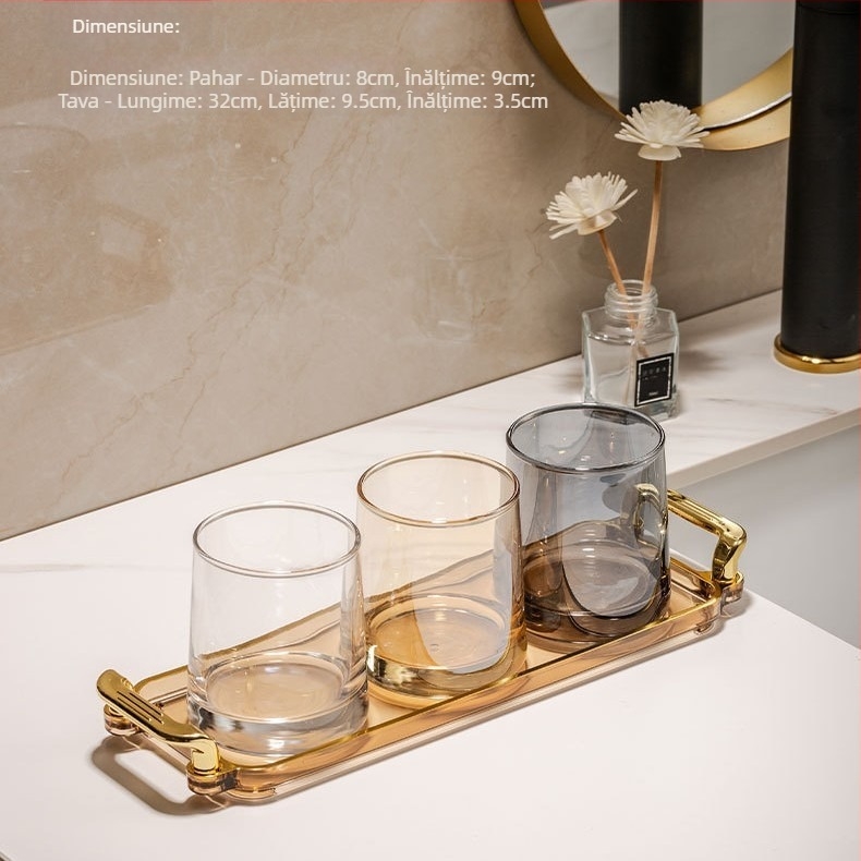 Pahar din sticlă pentru gargară și set de pahare pentru periuțe de dinți – formă rotundă, construcție pe un singur strat, îngrijire a sănătății orale