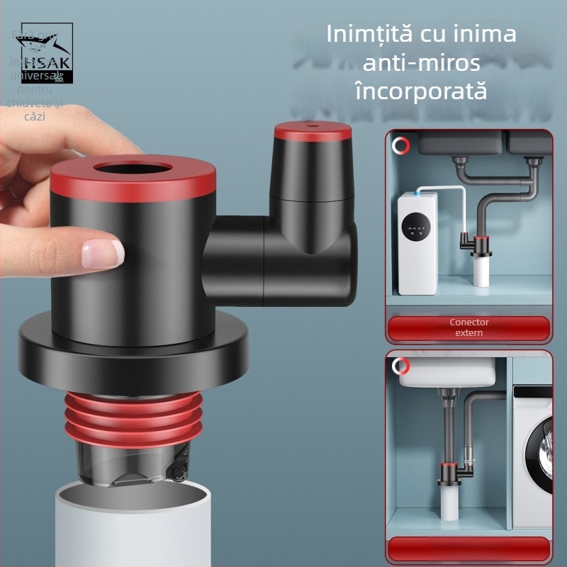 Hsak conector de scurgere pentru chiuveta de bucătărie, cu trei căi și protecție împotriva mirosurilor, model Hst-h1g, material oțel inoxidabil 304 + plastic, 100 g, stil lux ușor