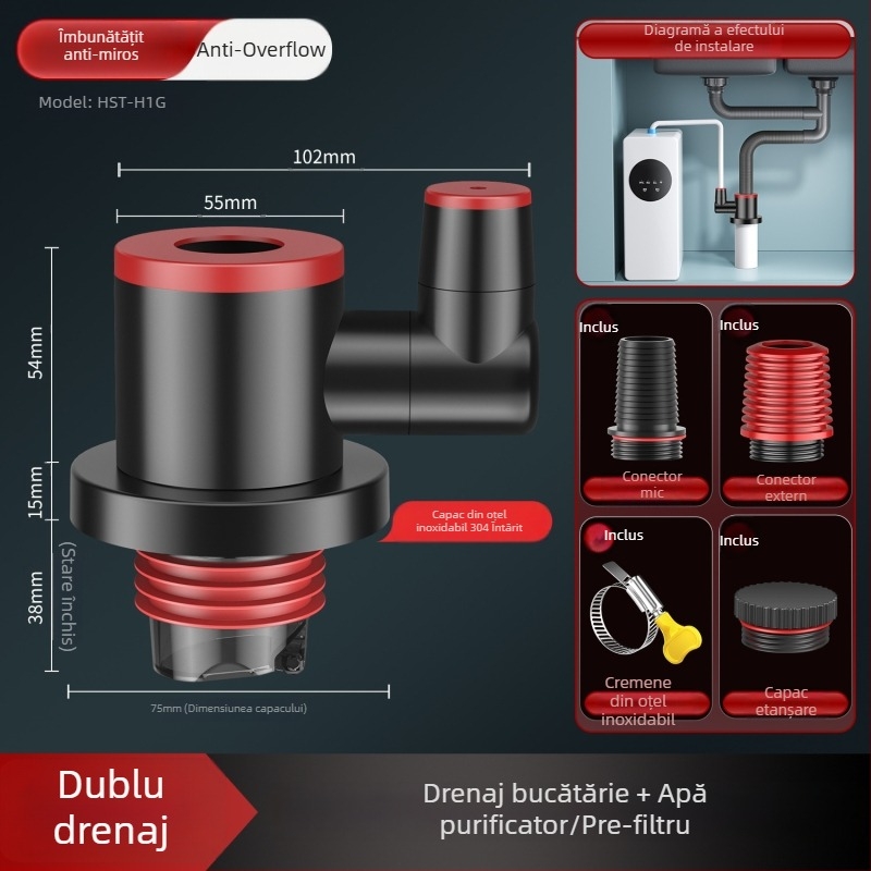 Hsak conector de scurgere pentru chiuveta de bucătărie, cu trei căi și protecție împotriva mirosurilor, model Hst-h1g, material oțel inoxidabil 304 + plastic, 100 g, stil lux ușor