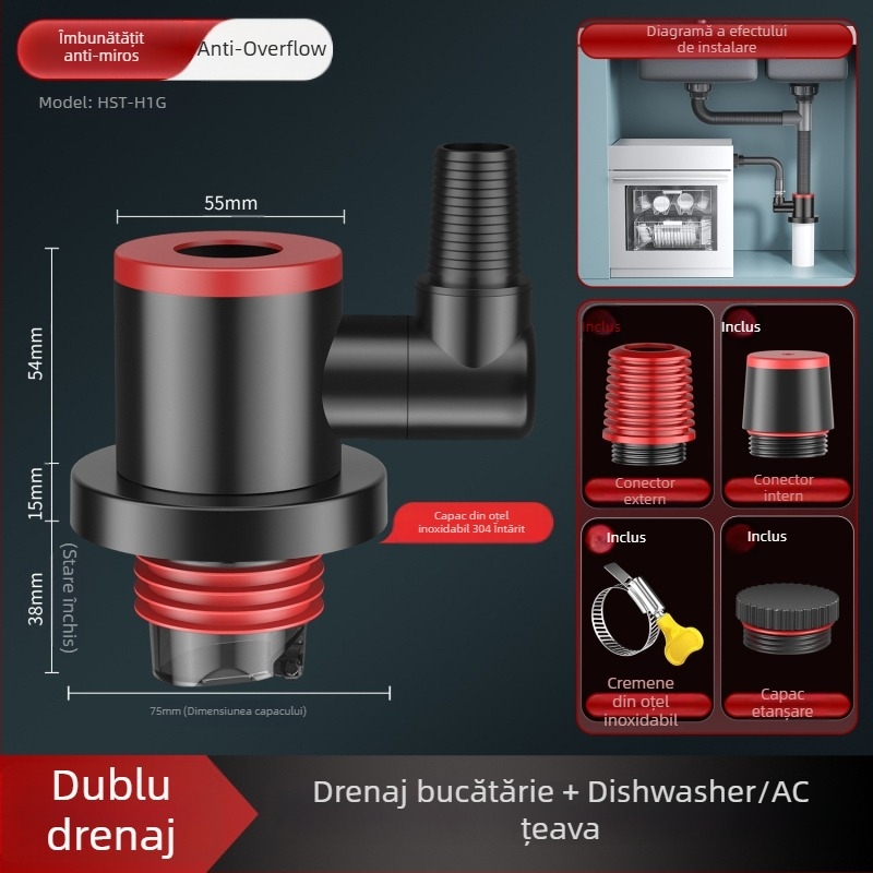 Hsak conector de scurgere pentru chiuveta de bucătărie, cu trei căi și protecție împotriva mirosurilor, model Hst-h1g, material oțel inoxidabil 304 + plastic, 100 g, stil lux ușor