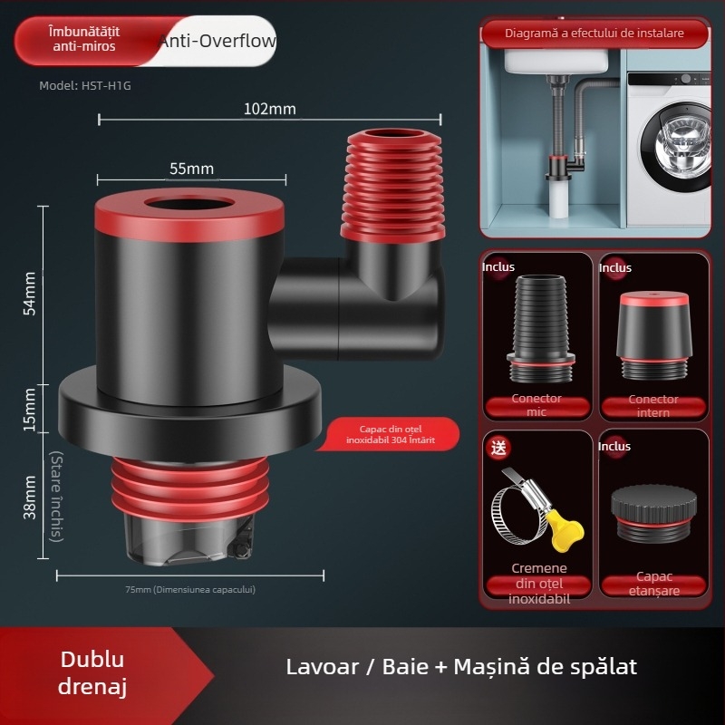 Hsak conector de scurgere pentru chiuveta de bucătărie, cu trei căi și protecție împotriva mirosurilor, model Hst-h1g, material oțel inoxidabil 304 + plastic, 100 g, stil lux ușor