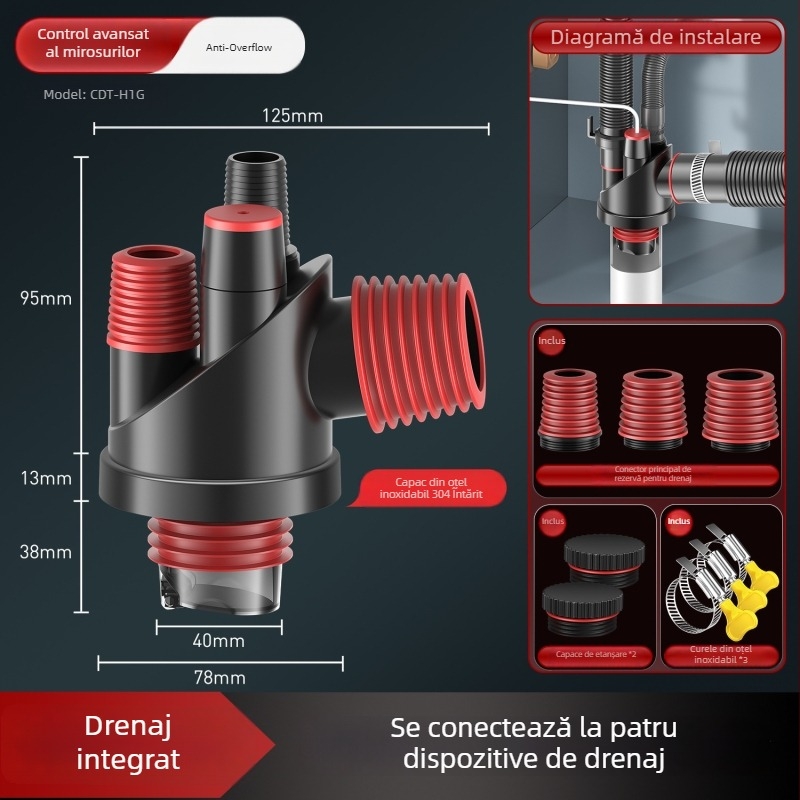 Hsak conector de scurgere pentru chiuveta de bucătărie, cu trei căi și protecție împotriva mirosurilor, model Hst-h1g, material oțel inoxidabil 304 + plastic, 100 g, stil lux ușor