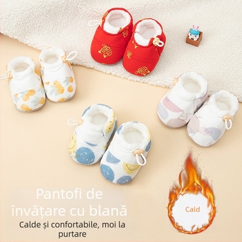 Pantofi bebeluși cu talpă moale, din material textil, căptuți cu fleece, antialunecare, unisex, pentru 6–12 luni