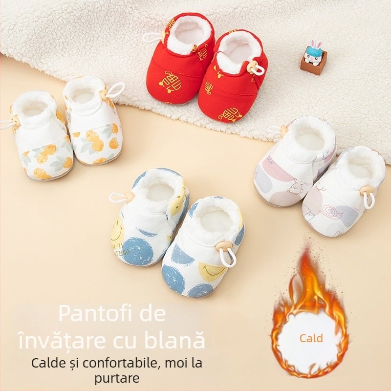 Pantofi bebeluși cu talpă moale, din material textil, căptuți cu fleece, antialunecare, unisex, pentru 6–12 luni