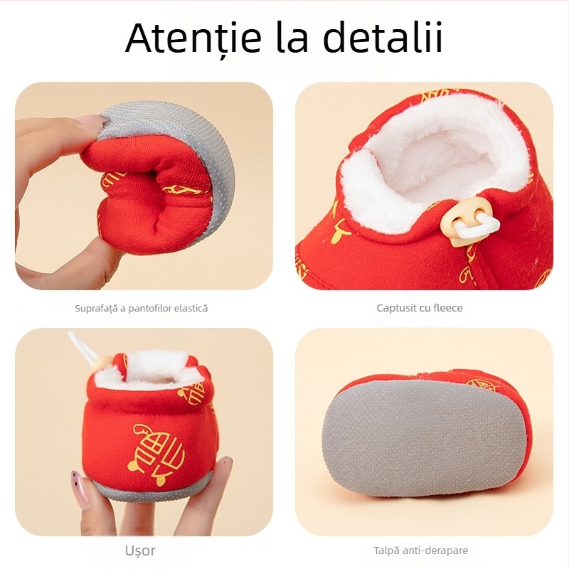 Pantofi bebeluși cu talpă moale, din material textil, căptuți cu fleece, antialunecare, unisex, pentru 6–12 luni