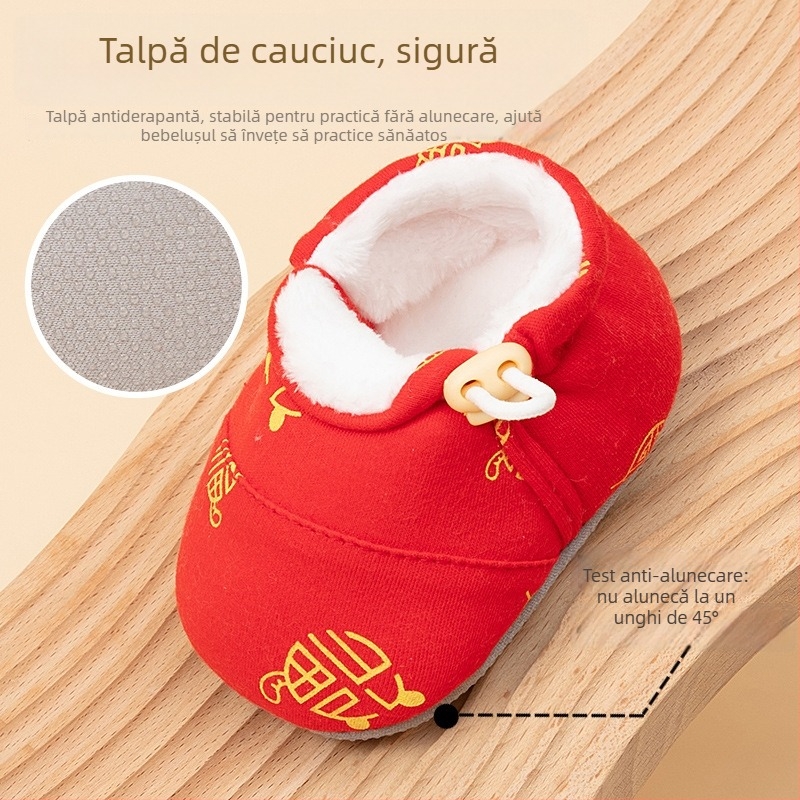 Pantofi bebeluși cu talpă moale, din material textil, căptuți cu fleece, antialunecare, unisex, pentru 6–12 luni