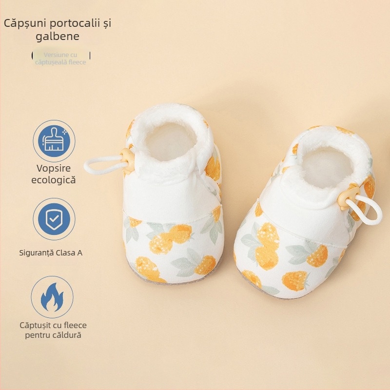 Pantofi bebeluși cu talpă moale, din material textil, căptuți cu fleece, antialunecare, unisex, pentru 6–12 luni