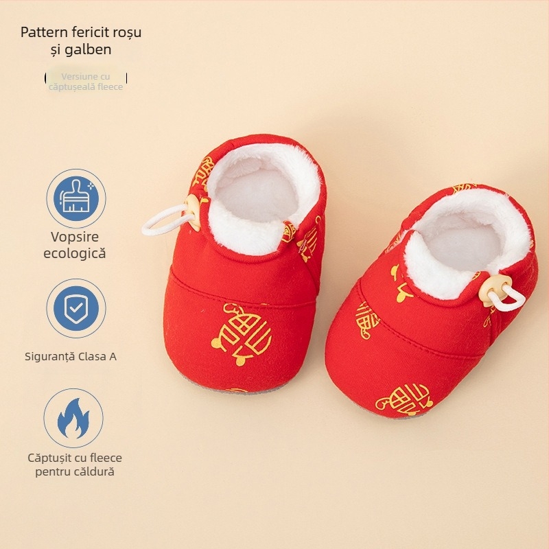 Pantofi bebeluși cu talpă moale, din material textil, căptuți cu fleece, antialunecare, unisex, pentru 6–12 luni