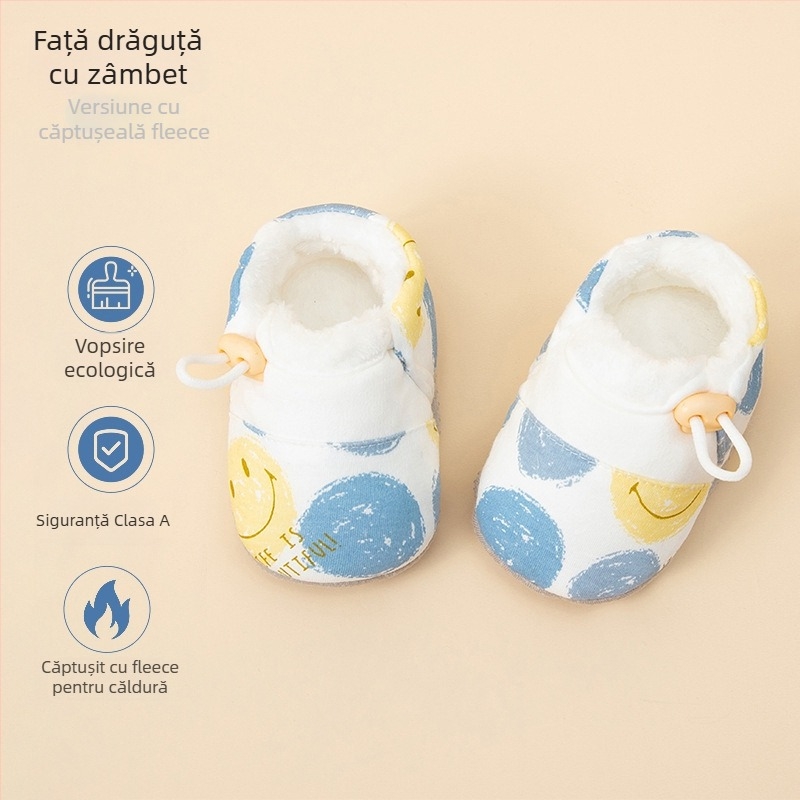 Pantofi bebeluși cu talpă moale, din material textil, căptuți cu fleece, antialunecare, unisex, pentru 6–12 luni