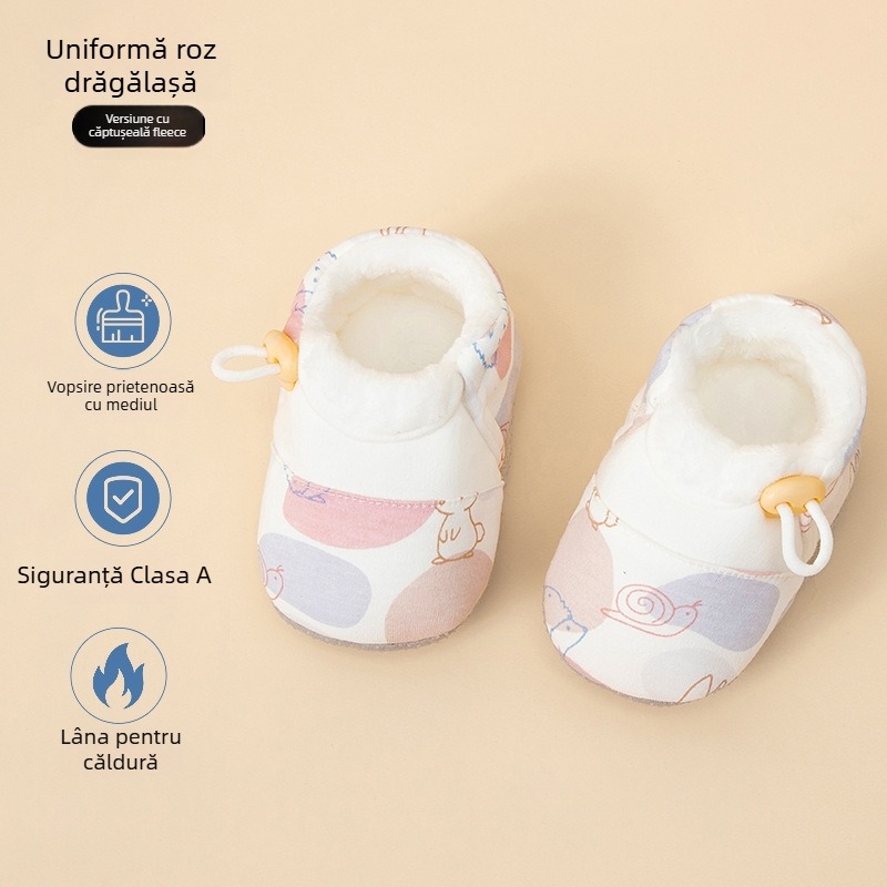 Pantofi bebeluși cu talpă moale, din material textil, căptuți cu fleece, antialunecare, unisex, pentru 6–12 luni