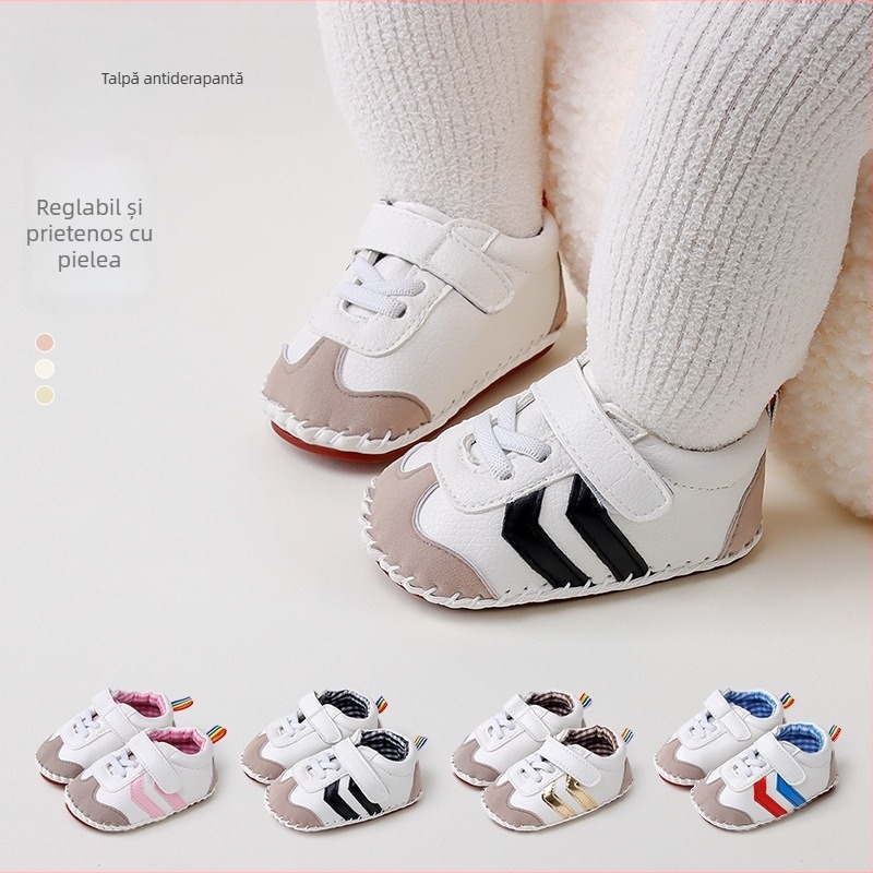 Pantofi pentru copii mici 12–36 luni, respirabili, talpă moale antiderapant, model cu dungi, închidere Velcro, talpă joasă, primăvară-toamnă